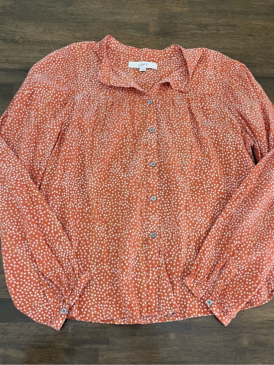 LOFT Tops - LOFT Rust Orange Dot Button-Front Blouse Long Sleeves Classic Cotton Medium